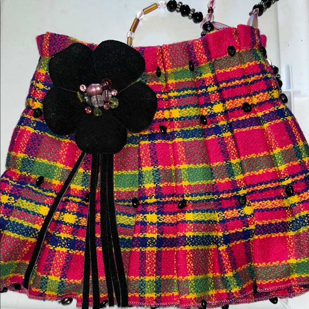 Colorful Plaid Handbag with Beaded Handle